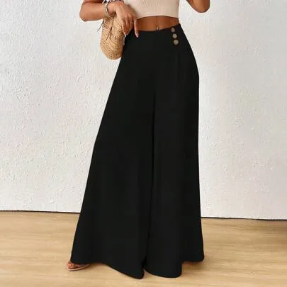 Solid Color High Waist Button Design Loose Wide Leg Pants by SHEIN