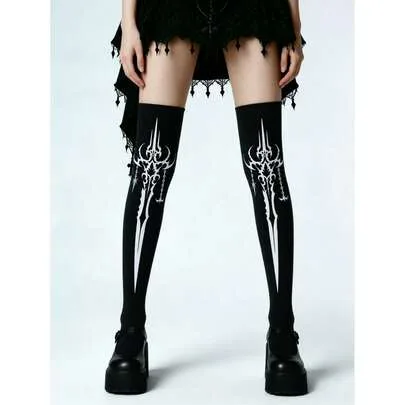Dark Sword Print Over-The-Knee Socks, Y2K Subculture Edgy Long Thigh High Socks by SHEIN