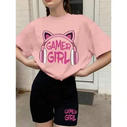 Gamer Y2K Matching Two Piece Set, 2D Cat Ear Headphone "GAMER GIRL" Cartoon Print Short Sleeve Top & High Waist Biker Shorts by SHEIN