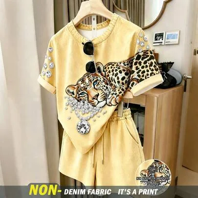 Leopard Print Diamond Pattern Round Neck Short Sleeve Top + Elastic Waist Shorts 2-Piece Set by Resyla