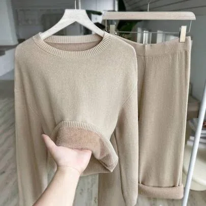 Crewneck Fluffy Casual Loose Knitted Wide-Leg Pants & Sweater Set by Pariaura