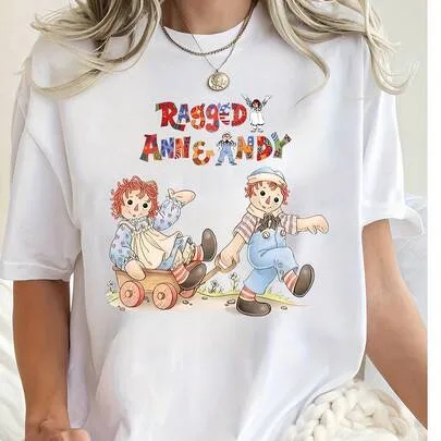 Raggedy Ann & Andy Graphic Print T-Shirt, Casual Crew Neck Short Sleeve Tee, Polyester Knit Fabric