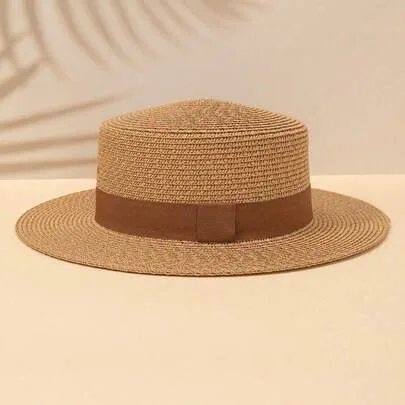 Retro British Fashion Leather Belt Beach Sun Visor Flat Top Hat by SHEIN
