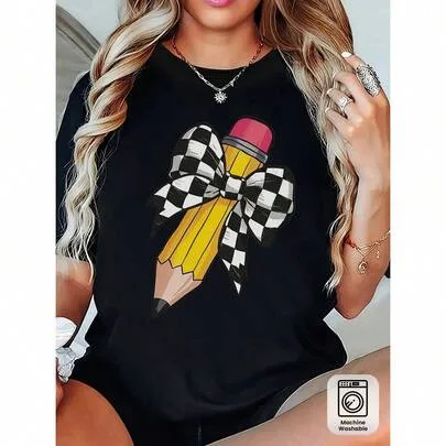 Teacher T-Shirt - Soft Breathable Crew Neck Top with Pencil Print & Checkered Bow Tie Design - Casual Short Sleeve Shirt by SHEIN