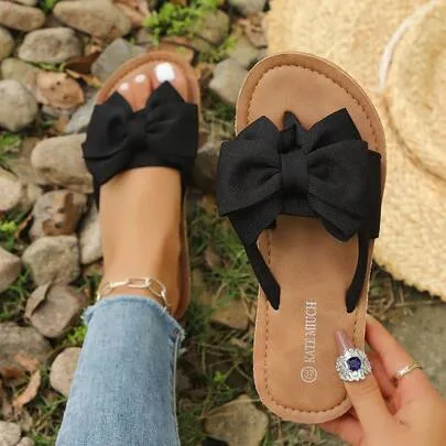 Bow Flip Flop Sandals, Open Toe Beach Slippers, Bow Slip-On Flip Flop with Bow Design by SHEIN