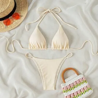 Special Fabric Spaghetti Strap Halter Neck Thong Two Piece Bikini Swimwear Set