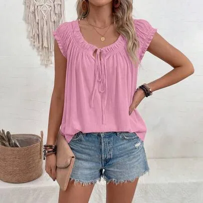 Babydoll Tops Cap Sleeve Tie Front Flowy Tank Top Peplum Blouse