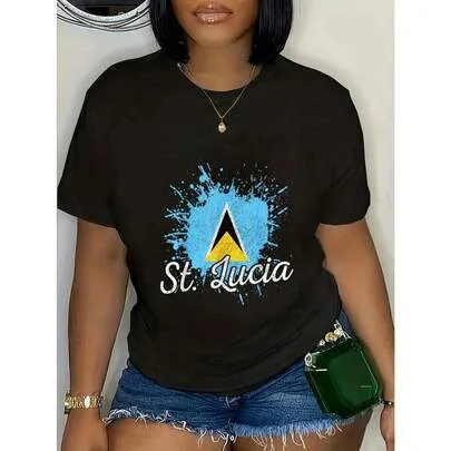100% Cotton St. Lucia Flag Pride Caribbean Saint Lucia T-Shirt Casual Short Sleeve Shirt by SHEIN