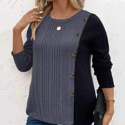 Casual Colorblock Oblique Placket Button Long Sleeve T-Shirt by EMERY ROSE