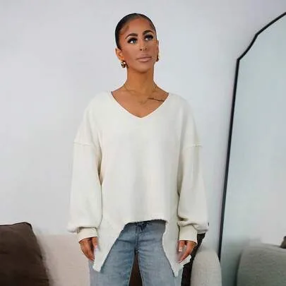 Casual Solid Color V-Neck Long Sleeve Loose Washed Sweatshirt by SAYEHFBABY