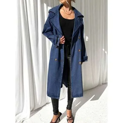 Oversized Long Double Breasted Denim Jacket Classic Lapel Button Down Jean Coat by Tankaneo
