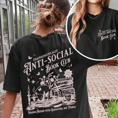 Anti-Social Reading Club Graphic Print Round Neck Short Sleeve Casual T-Shirt by SHEIN