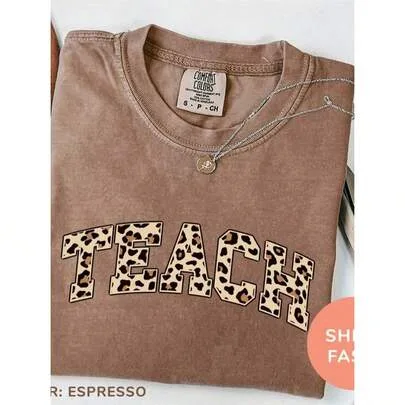 2026 Retro Leopard Print TEACH Printed Washed Cotton T-Shirt by SHEIN