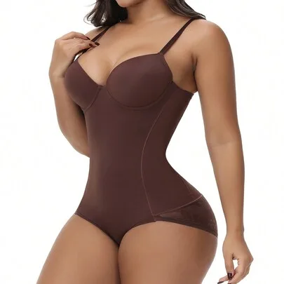 Solid Color Simple Strap Bodysuit Shapewear with Underwire by SHEIN