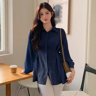 Solid Color Lantern Sleeve Casual Loose Shirt with Waist Tie by DAZY