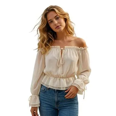 Sheer Long Sleeve Off-Shoulder Tie-Up Solid Loose Blouse