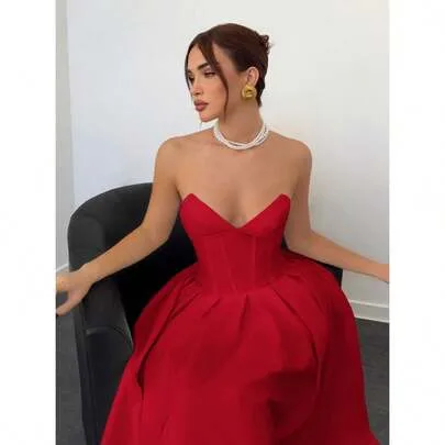 Strapless Deep V Elegant Party Fish Bone Seam Flower Bust Cup A-Line Pleated Long Bodycon Dress by SHEIN