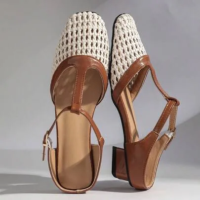 Square Toe Woven Hollow High Heel Pumps by SHEIN