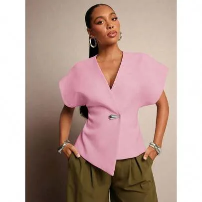 SHEIN x Tata & Beatriz Solid Textured Woven Asymmetrical Hem Single Button Waistcoat Top by SHEIN