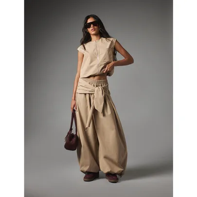 Zip-Front Crop Vest and Palazzo Wide Leg Balloon Pants Co-Ord Set with Elastic Waist and Ankles by MISSGUIDED