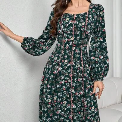 Floral Print Long Sleeve Arabian Modest Dress by Modelyn