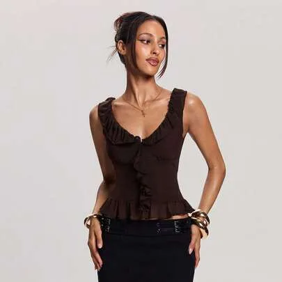 Solid Color Ruffle Trim Fitted Sleeveless Top by SHEIN