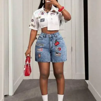 Slant Pocket Detail Denim Shorts by SHEIN