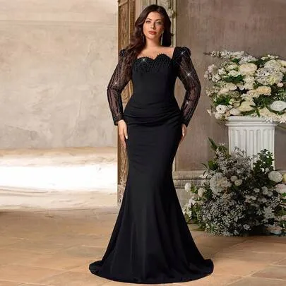 Round Neck Long Sleeve Sheer Sequins Patchwork Knit Mermaid Hem Gown by Aureia