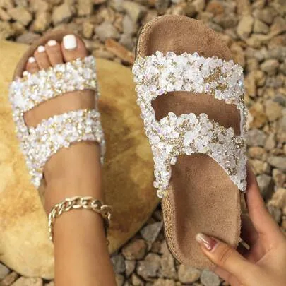 Glitter Sandals Soft Wood-Grain Flat Beach Slippers Diamond Studded Slide Sandals