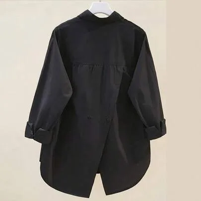 Casual Loose Back Slit Turndown Collar Long Sleeve Woven Fabric Front Button Slit Pocket Shirt by SHEIN