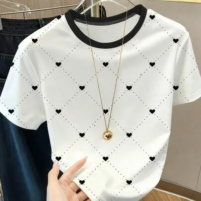 Heart & Polka Dot Print Colorblock Round Neck T-Shirt by Resyla