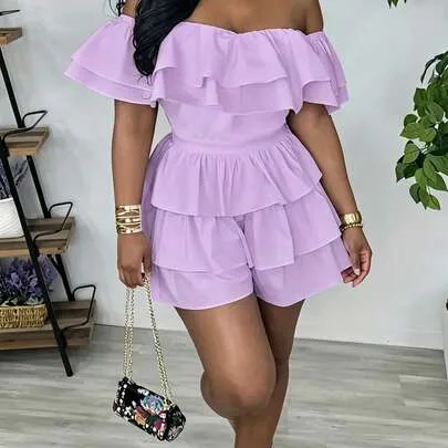 Solid Color Ruffled Layered Tiered Cake Shorts Off-Shoulder Romper