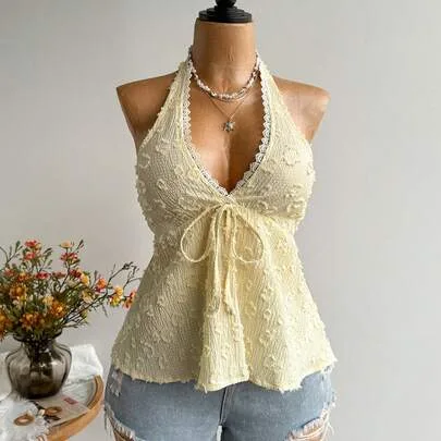 Contrast Lace Textured Front Tie Halter Top by Whisplicity