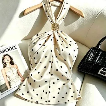 Elegant Apricot Base Black Polka Dot Ruched Slimming Strapless Backless Top by SHEIN