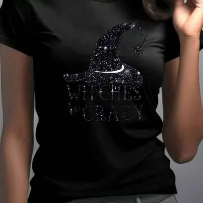 Witchy Graphic T-Shirt "Witches Be Crazy" Print with Bats & Witch Hat Design Soft Breathable Round Neck Lightweight by SHEIN