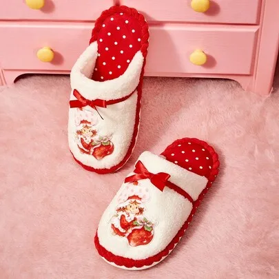 Polka Dots Cartoon Embroidered Strawberry Non-Slip Indoor Slippers Soft Plush Warm Winter House Shoes Durable Sole by SHEIN