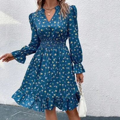 Ditsy Floral Print Notch Neck Shirred Waist Dress by SHEIN