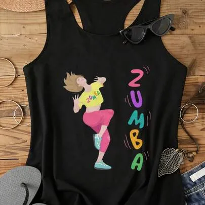 Zumba Dance Print Sleeveless Cotton Crew Neck T-Shirt by SHEIN