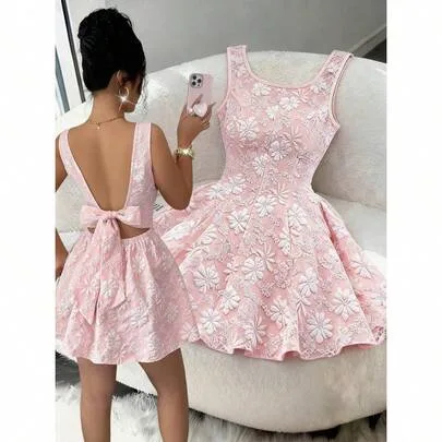 Floral Jacquard Crew Neck Sleeveless Dress with Bow Decor on Back by SHEIN