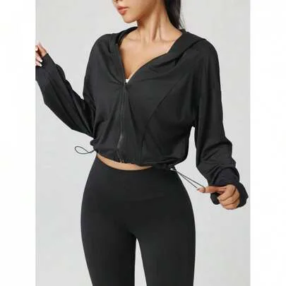 Drawstring Hem Hooded Sports Casual Short Zip Up Workout Yoga Outwear by SHEIN