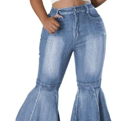 70s Retro Bell Bottom Jeans High Waisted Layered Ruffle Hem Flare Denim Pants by CALEBGAR