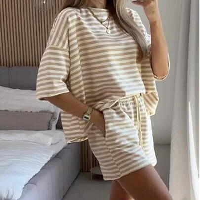 Striped Casual 2 Pieces Set Short Sleeve T-Shirt + Loose Shorts by SHEIN