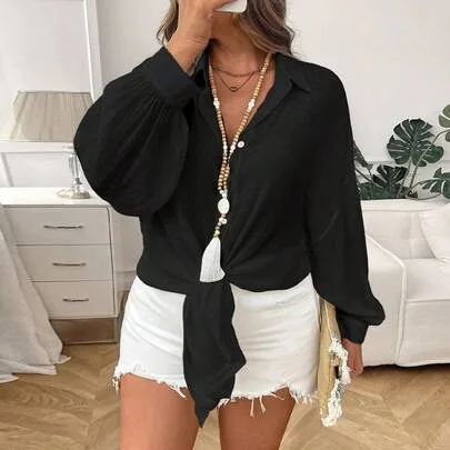 Casual Solid Color Button Front Shirt by INAWLY