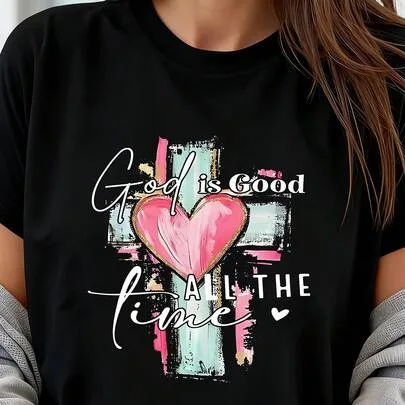 God Is Good All the Time Oversized Graphic Short Sleeve Tee 100% Polyester Casual Crew Neck Top by SHEIN