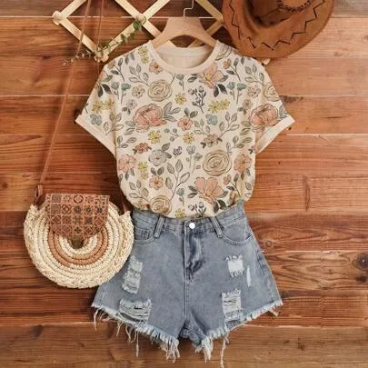 Floral Print Round Neck Short Sleeve Casual T-Shirt Graphic Tee by Resyla