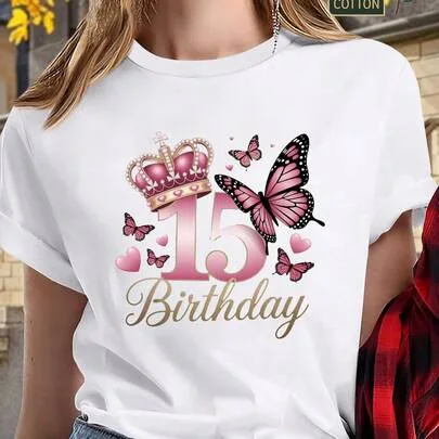 15th Birthday Crown & Pink Butterflies T-Shirt, Featuring Vivid, Delicate & Fade-Resistant Print, Durable & Long-Lasting