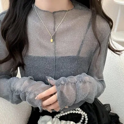 Casual Slim Fit Blouse, Mock Neck Long Sleeve Sheer Mesh Overlay, Decorative Cuffs and Hem by FRIFUL