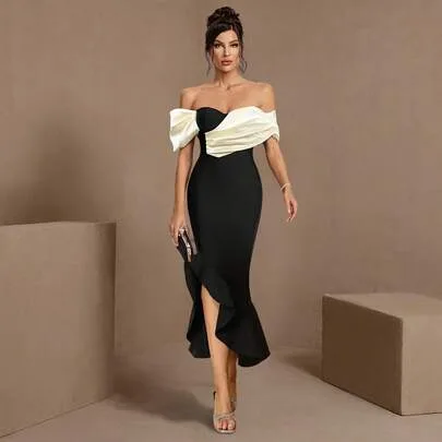 Contrast Color Twist Off-Shoulder Long Bodycon Dress by Elisanya