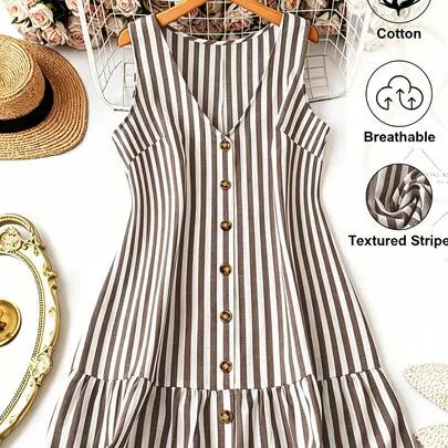 V-Neck Sleeveless Striped Dress by DreamSkyne