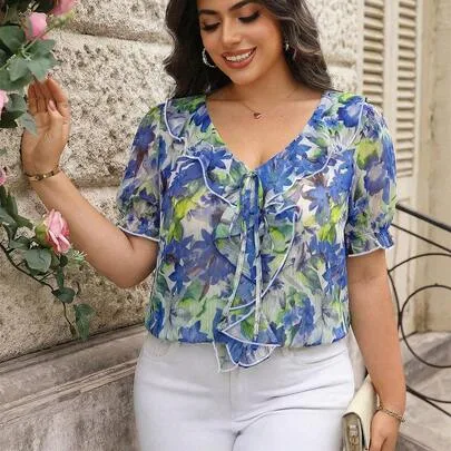 V-Neck Short Sleeve Ruffle Tie-Front Allover Print Loose Blouse by Reflora
